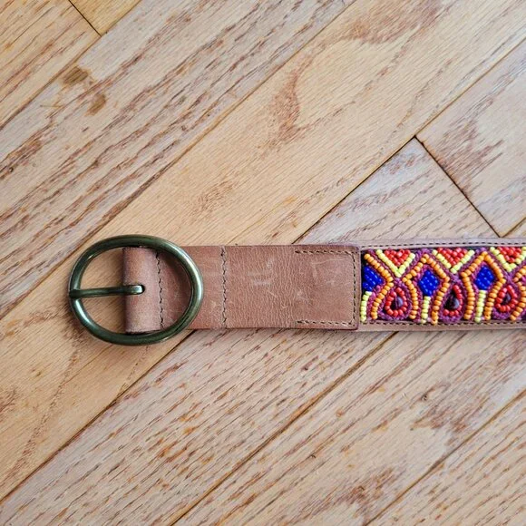 Lucky Brand Multi Embroidered Aztec Boho 100% Leather Belt Brown - Picture 5 of 16